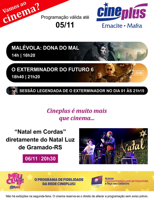 Programação de filmes no Cineplus Emacite