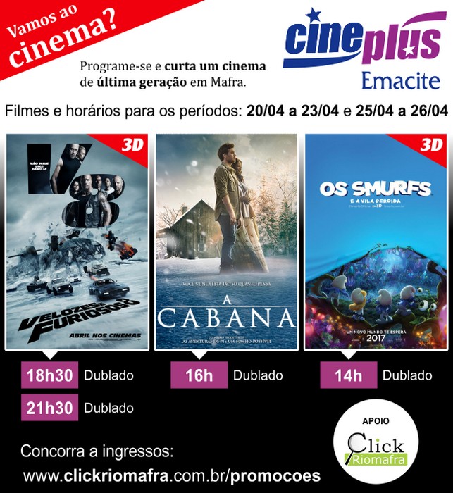 Concorra a ingressos para assistir A Cabana Velozes e Furiosos 8 ou Os Smurfs no dia 2604 (2)