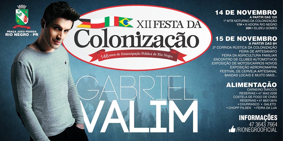 XII Festa da Colonização de Rio Negro terá show nacional com Gabriel Valim